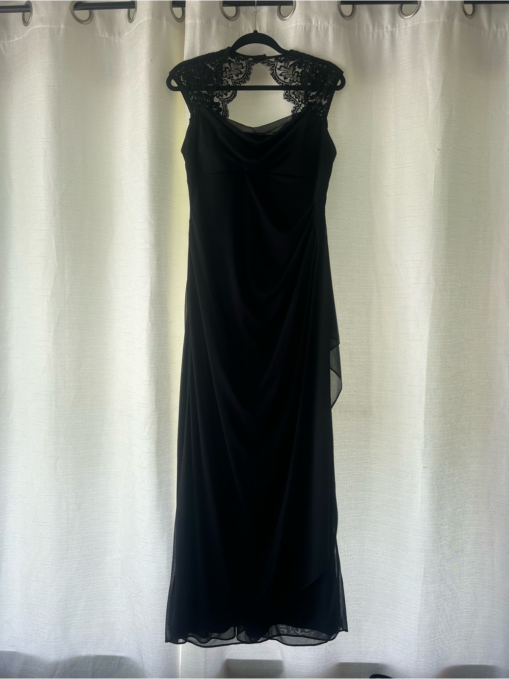 Xscape Black Lace-Yoke Draped Maxi Dress